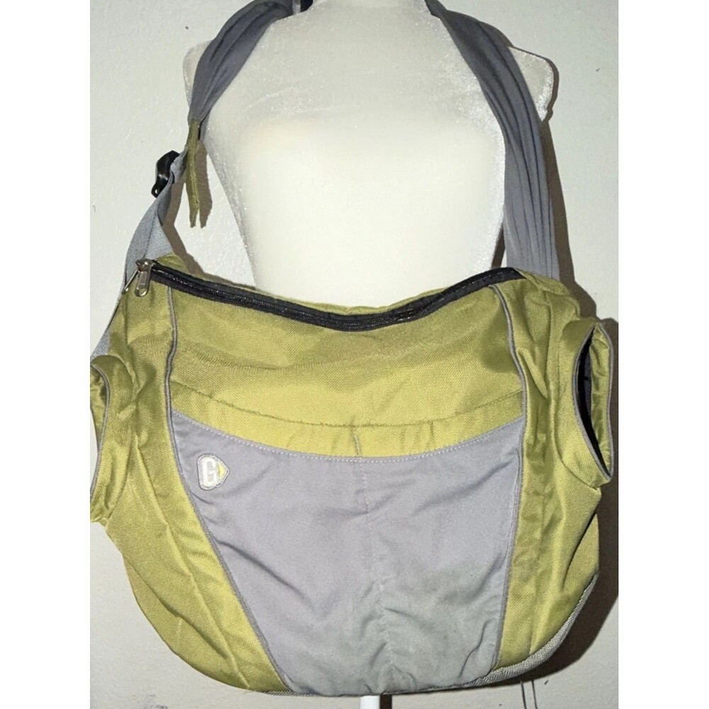 Go GaGa messenger-style diaper bag features a unique olive green and gray color